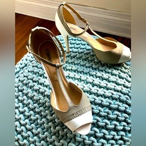 Geox Leather peep-toe t-strap sexy heels, white & taupe